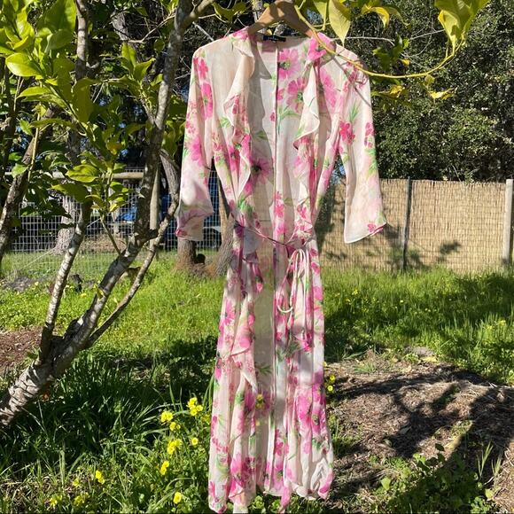 Lulu’s | Floral Tie Dress Robe Duster Sheer Pink - Picture 6 of 9